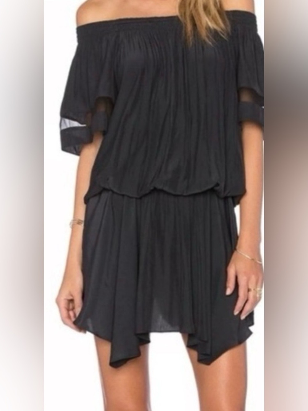 Ramy Brook - Black Off-The-Shoulder Silky Dress with mesh